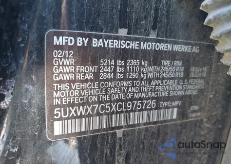 2012 BMW X3 xDrive35I z USA, uszkodzony, nr VIN 5UXWX7C5XCL975726